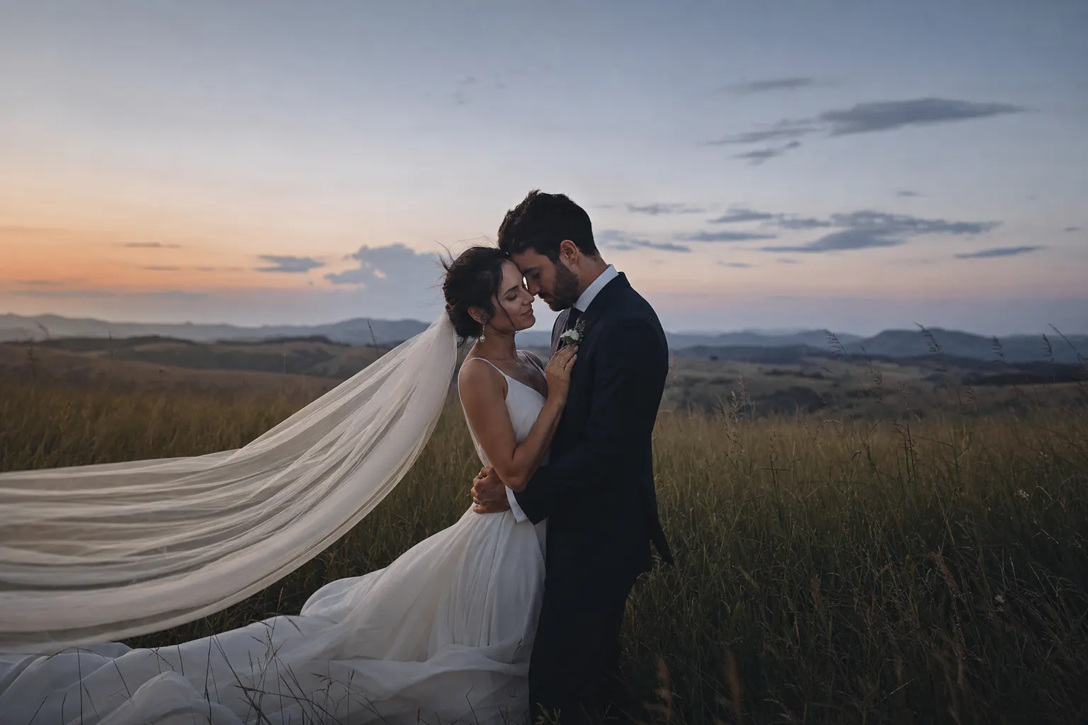 Casal recém-casado em um campo ao entardecer