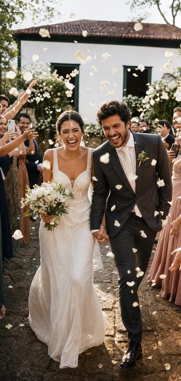 Recém-casados sorrindo sob pétalas lançadas pelos convidados