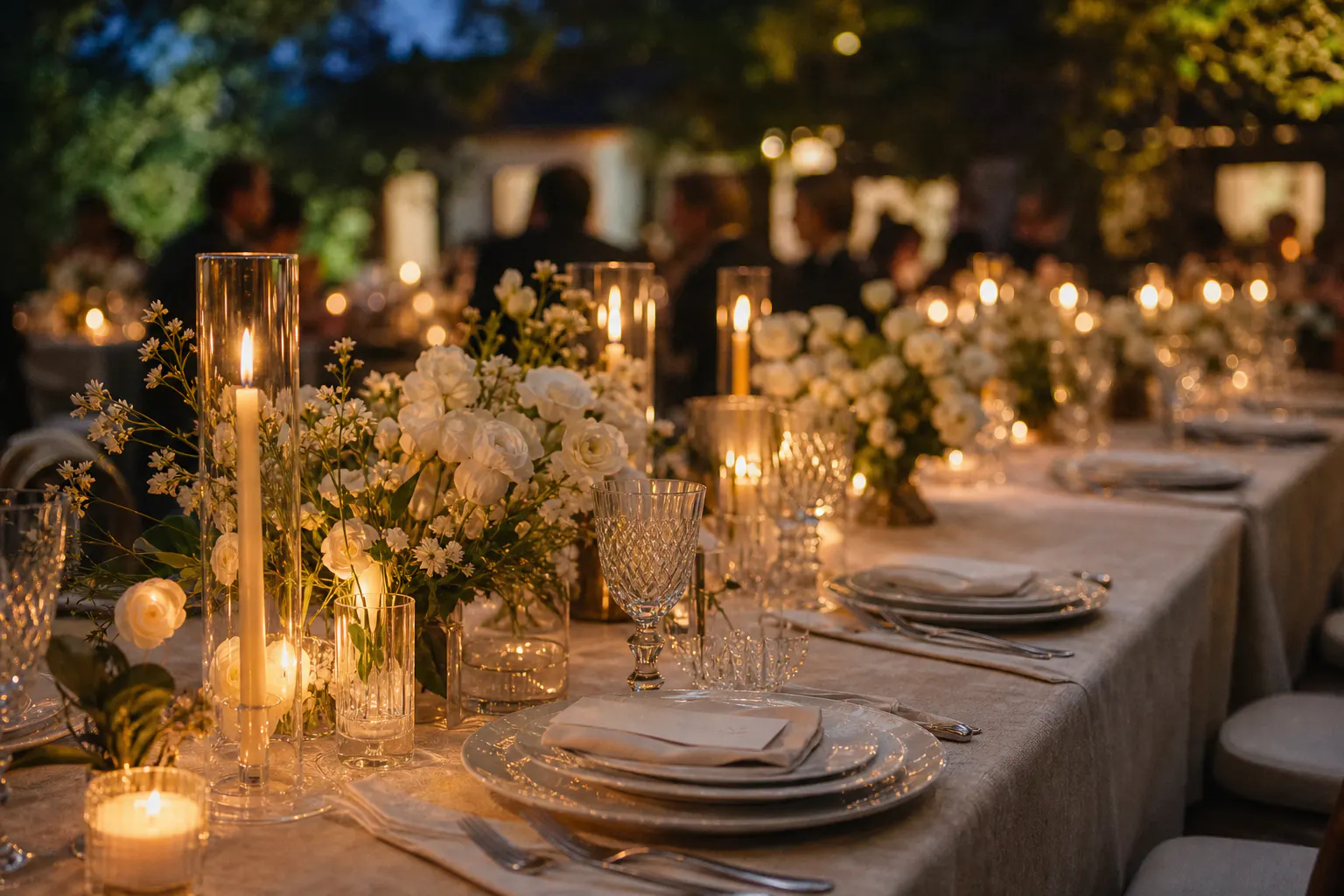 Mesa de casamento com flores brancas e velas