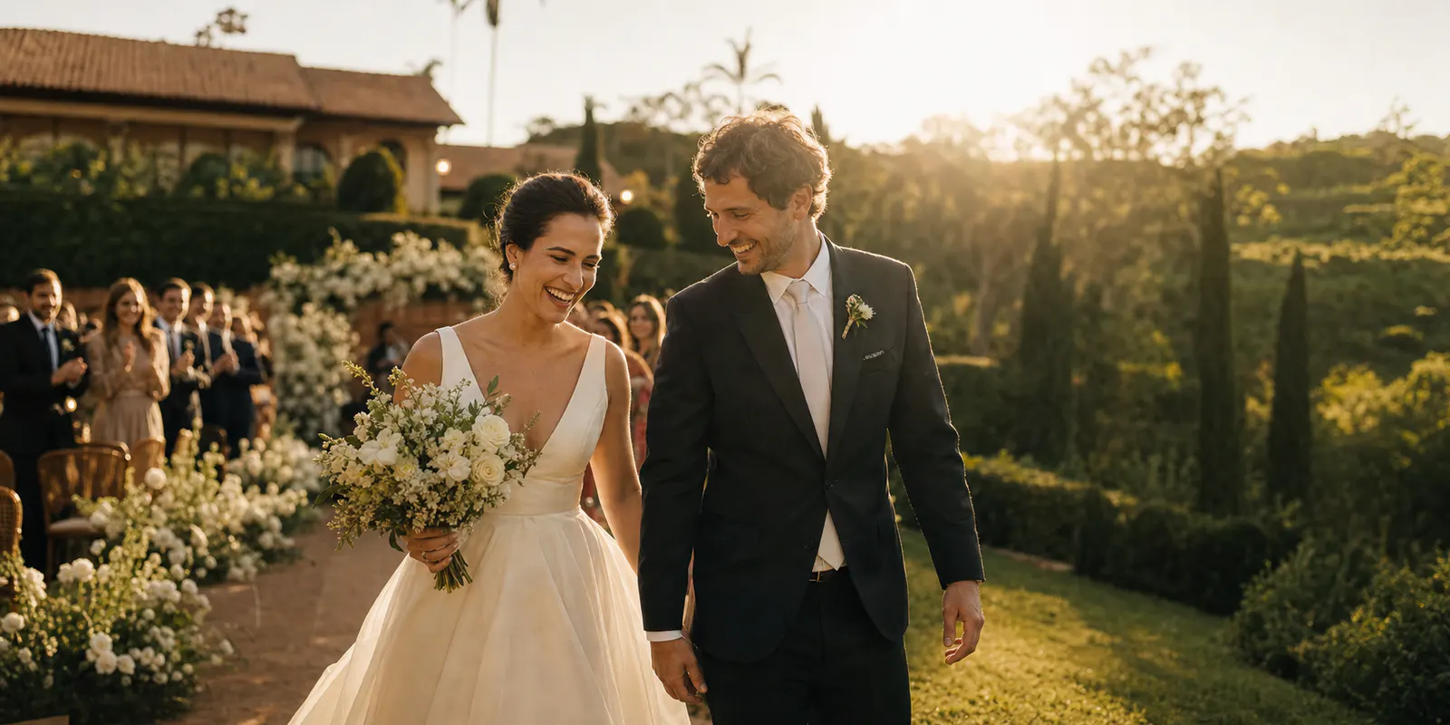 Recém-casados caminhando após a cerimônia